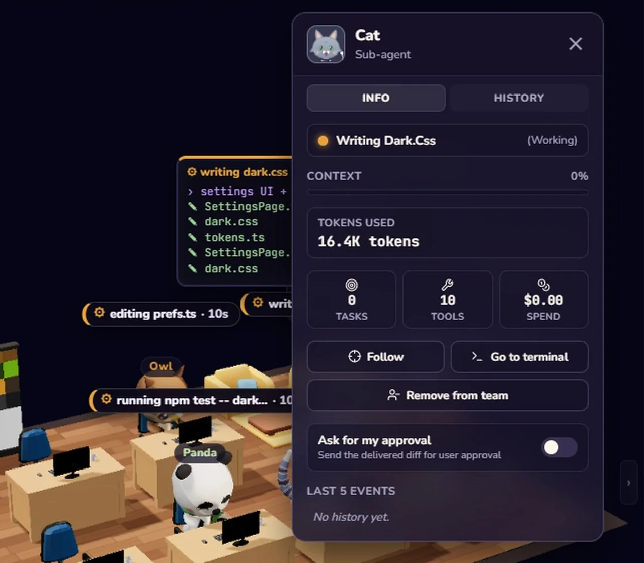 Foxpit delivery card listing changed files, test results and cost for an agent task