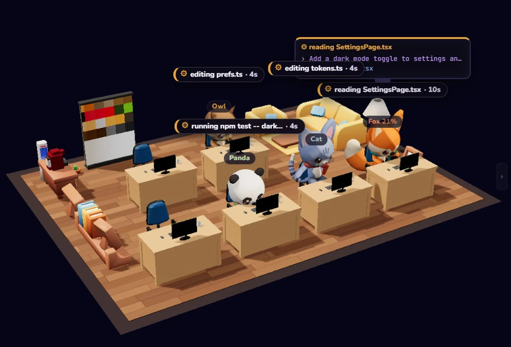 Foxpit 3D office with project rooms and agent teams at their desks